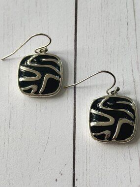 Modern Black Enamel Wave Square Drop Earrings
